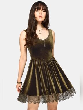 Orbweb Lace Hem Velour Mini Dress - Dark Green NWT